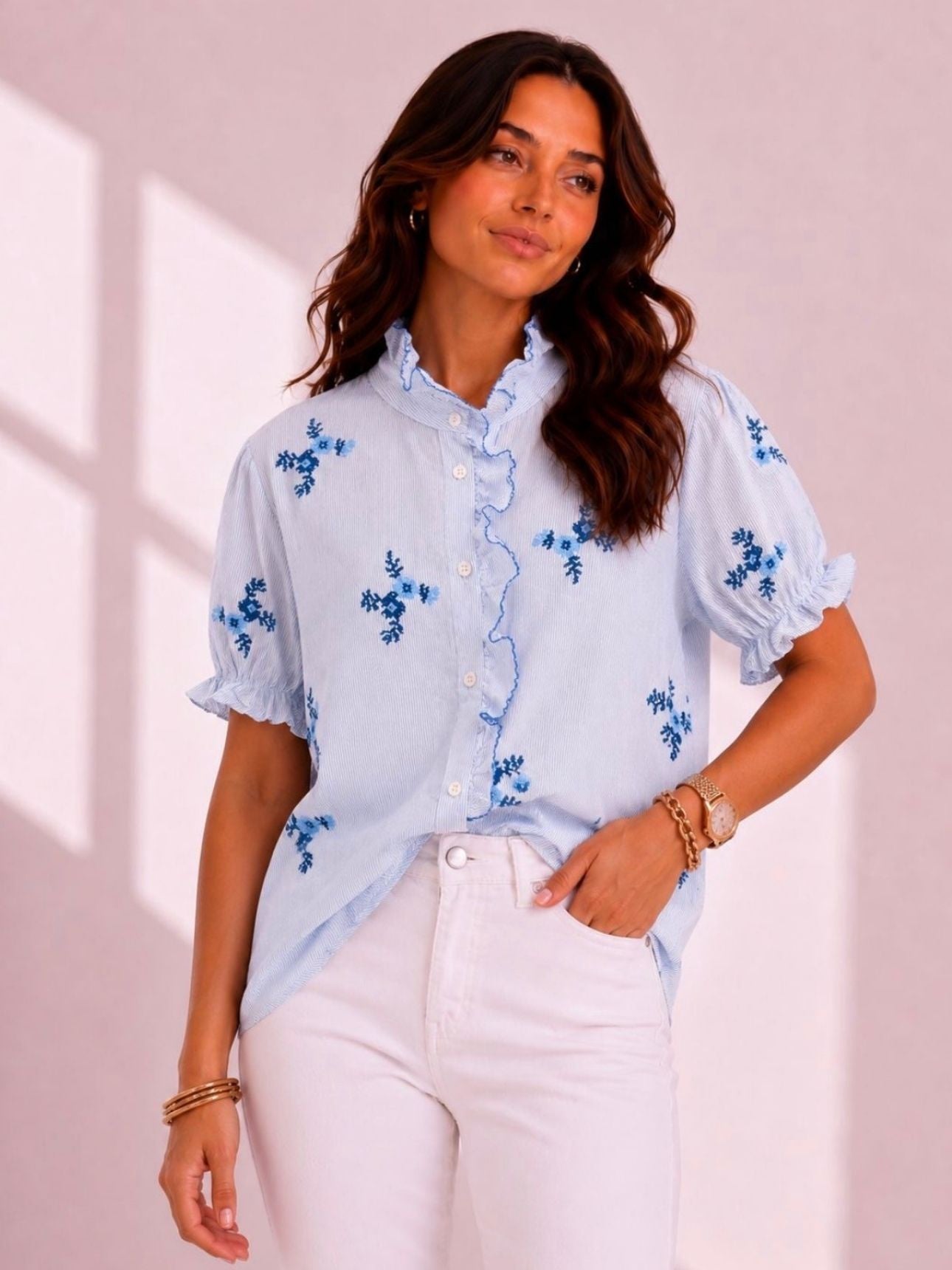 Birdie Frill Blouse - Blue – Harper