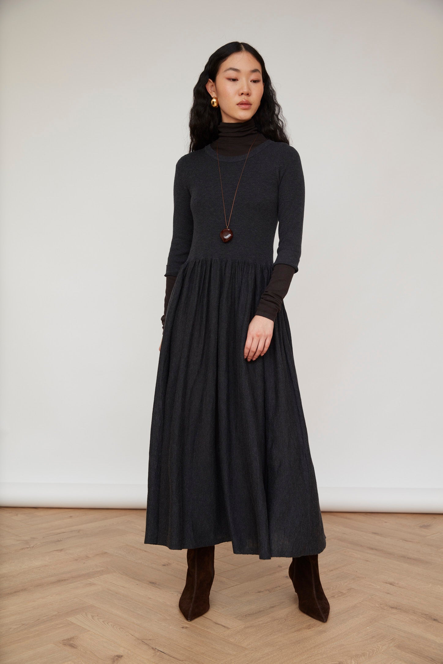 harper knit dress Seren Midi Dark Grey | Jovonna London Dropped Waist Dress