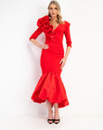 Brooklyn Plunge Dress w/ Sleeve - Red