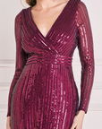 Cole Sequin LS Wrap Dress - Burgundy