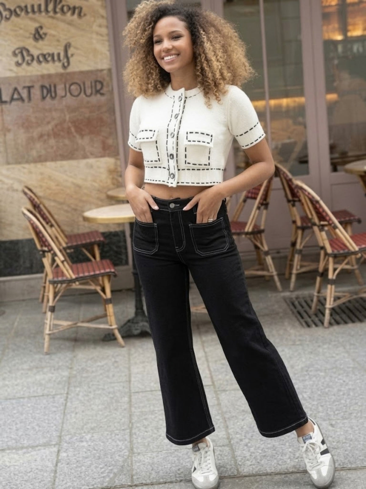 Una wide leg cropped jeans- black