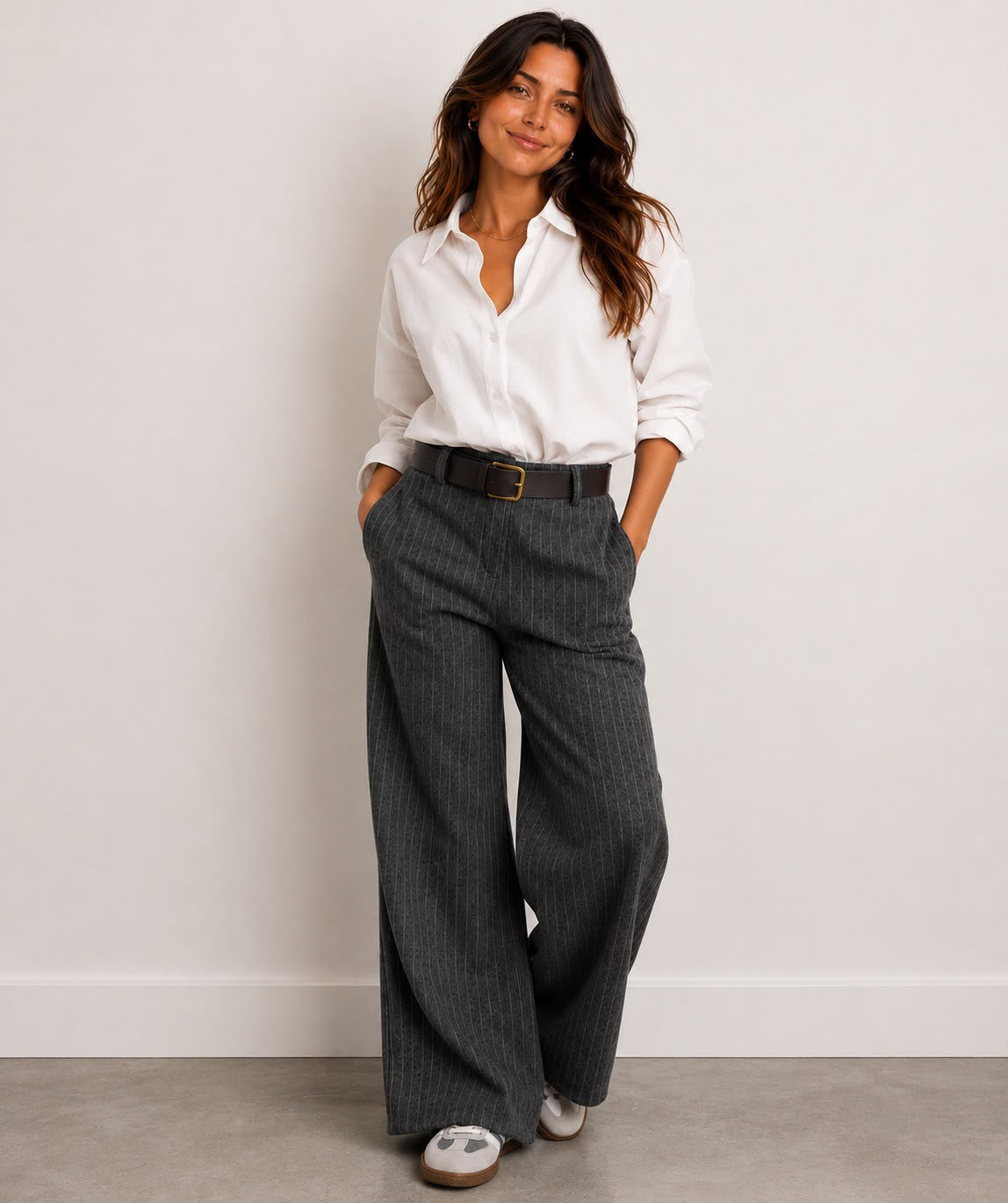 Grey pinstriped trousers