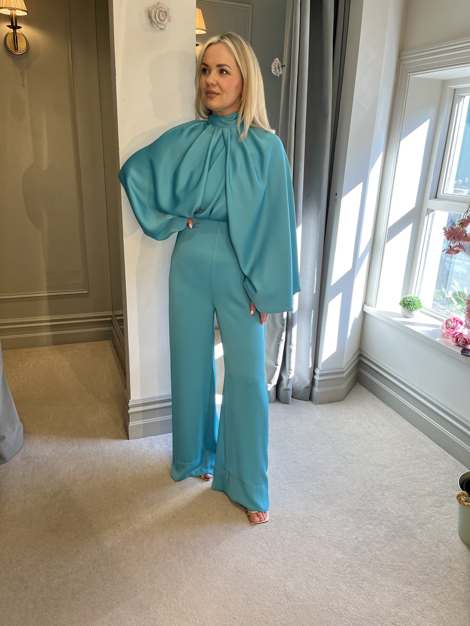 Eloise Halter Jumpsuit (With Cape) - Turquoise